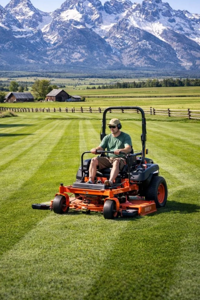 A man operating a riding lawn mower on a large, well-maintained grassy field with mountain scenery in the background.