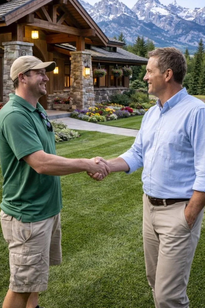 Two men shaking hands outside a house with a garden, flowers, and mountains in the background.