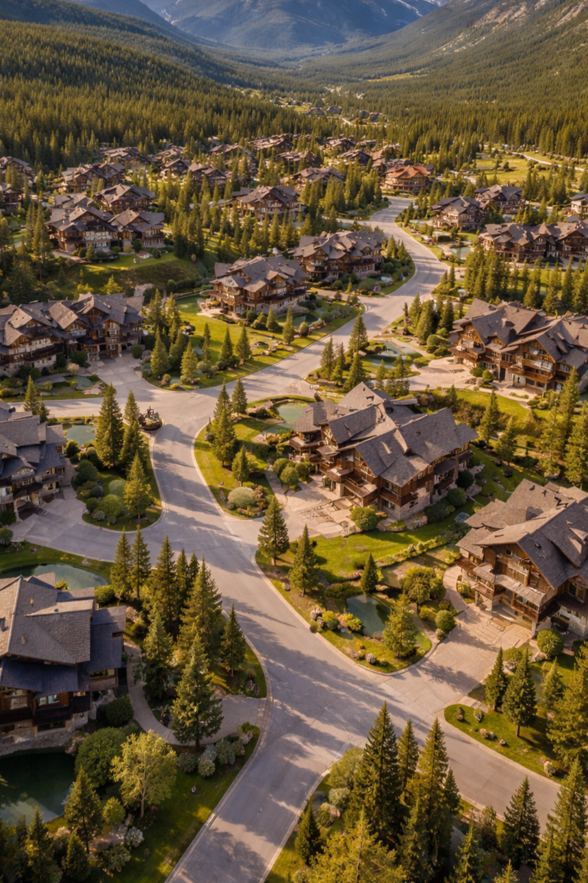 Aerial view of a mountain resort town with large houses, winding roads, lush green trees, and forested mountains in the background.
