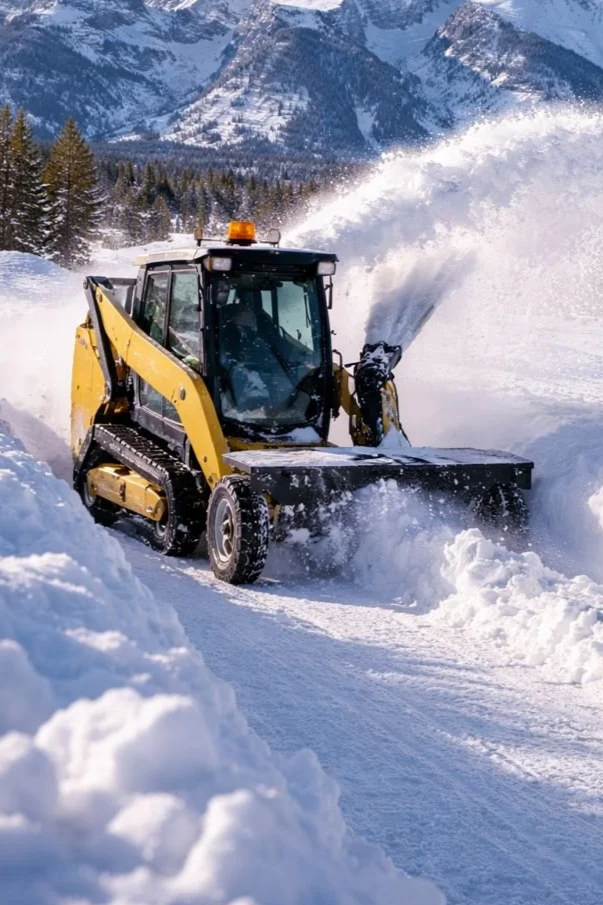 A small yellow and black snowplow clearing a snow-covered road in a mountain landscape with pine trees and snow-capped peaks in the background.