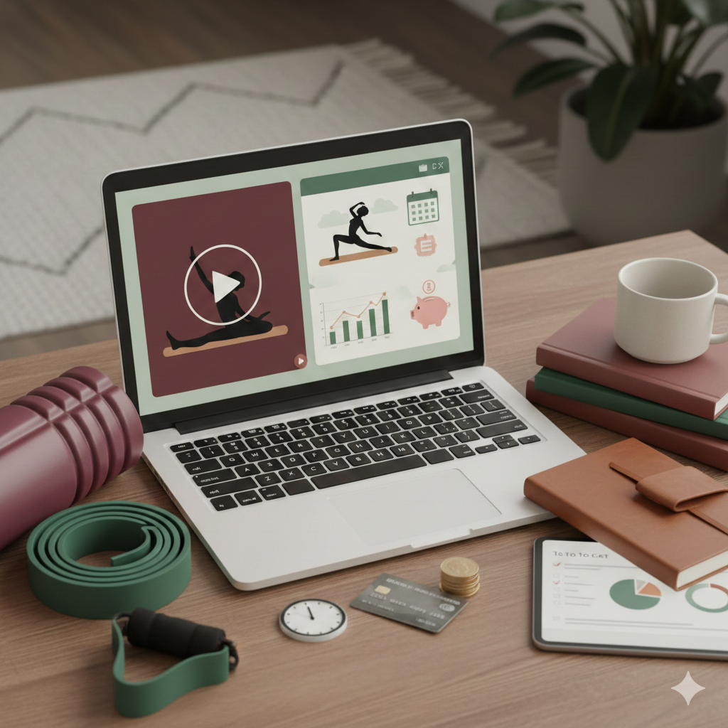 Un ordinateur portable affichant des graphiques de fitness et de suivi d'activité, entouré d'articles de sport, d'une tasse, de livres, d'une montre, et d'une carte bancaire sur un bureau en bois.