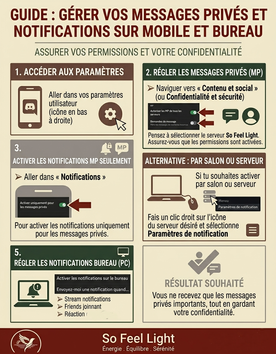 Guide pour gérer ses messages privés et notifications sur mobile et bureau, incluant l'accès aux paramètres, la configuration des messages privés, l'activation des notifications, et la personnalisation selon le salon ou le serveur, avec un résumé du 