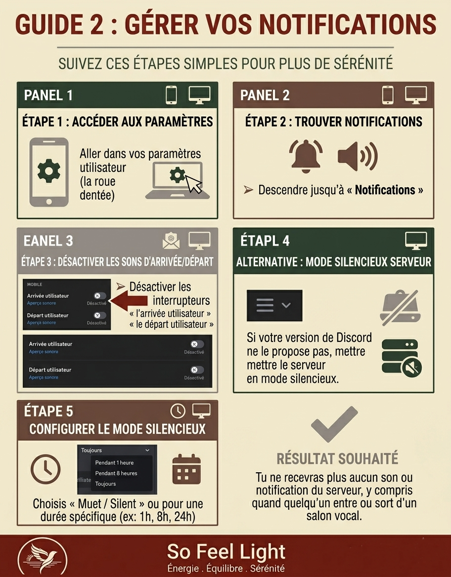 Guide pour gérer les notifications sur Discord, avec étapes pour accéder aux paramètres, désactiver les sons, mettre en mode silencieux, et configuration du mode silencieux.