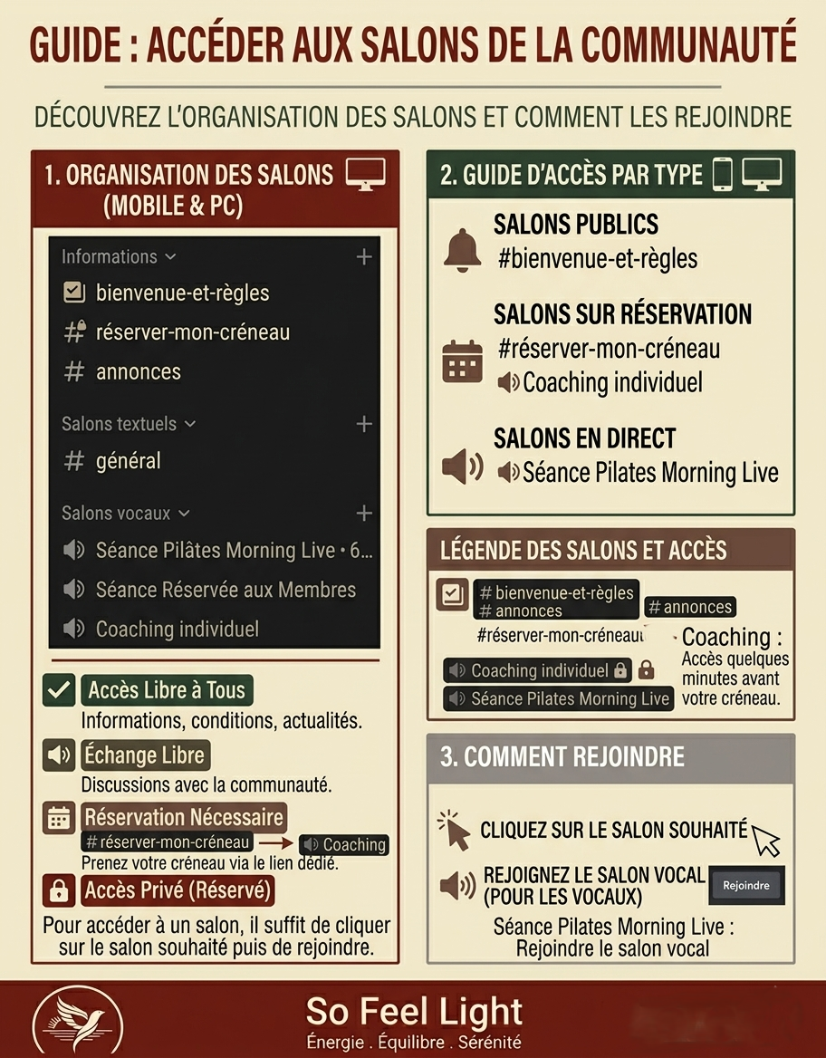 Infographie guide pour accéder aux salons de la communauté avec organisation, types d'accès, légende, et instructions pour rejoindre.