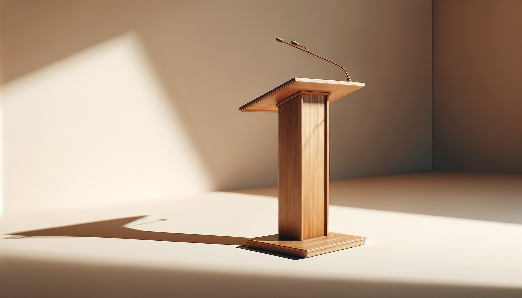 Empty wooden podium with a microphone on top, casting a shadow on a plain wall.