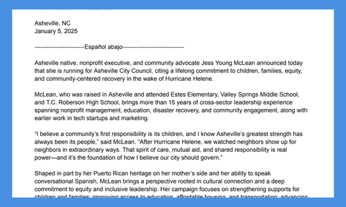 Jess McLean Candidate for Asheville City Council Press Release Announcing Candidacy