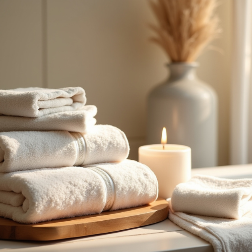 Stacked white towels on a wooden tray with a lit candle and a vase with dried pampas grass in the background.