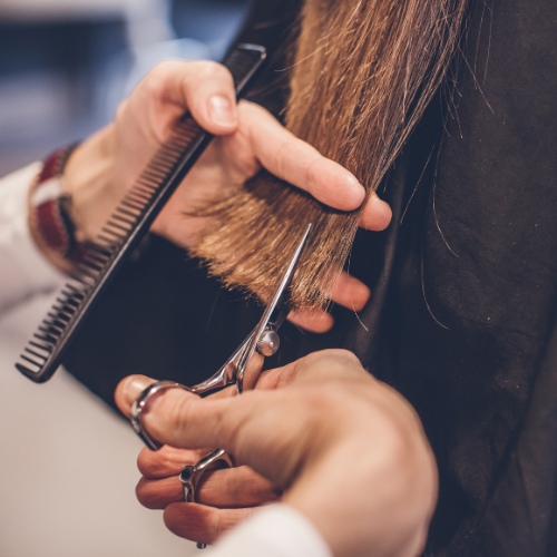 A stylist cutting a person's hair with scissors while holding a section of hair with a comb.