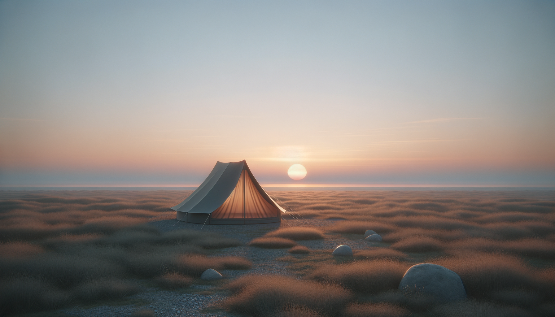 A tent in a grassy field at sunset, with the sun low on the horizon and rocks scattered around.