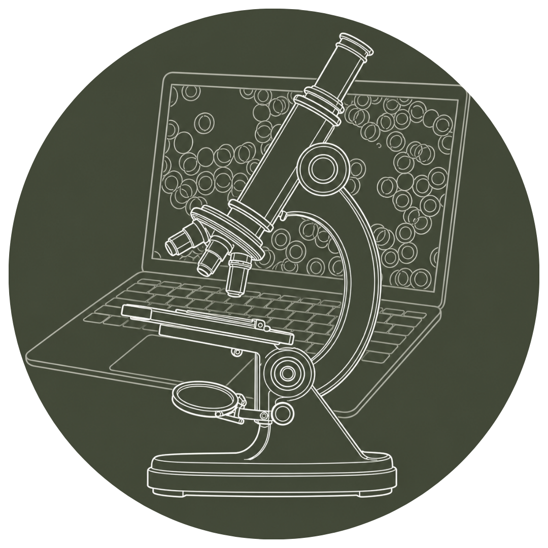 A digital illustration of a microscope with an open laptop in the background, showing a pattern of circular structures.