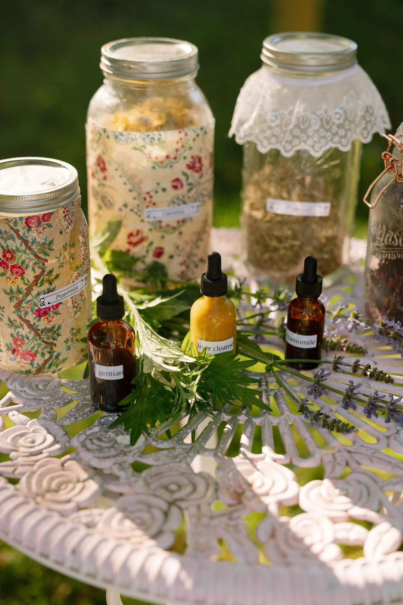 Glass jars filled with dried herbs and flowers, including peppermint, chamomile, and possibly lavender, on a decorative white metal table with green leaves and small bottles of essential oils labeled 'gentian', 'olive leaf cleanse', and 'chamomile', outdoors with a blurred green background.