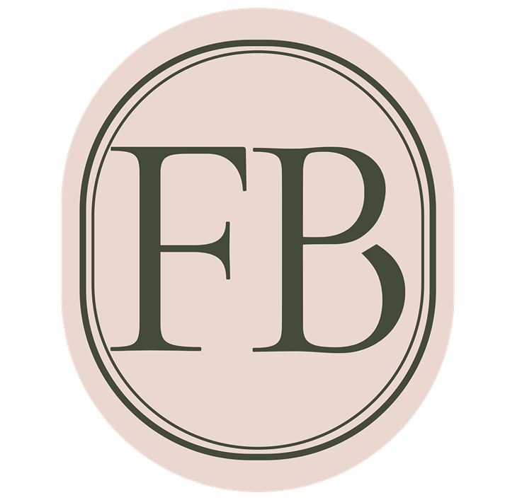 A logo with a beige background, an oval outline, and the letters 'FB' in the center in dark green.