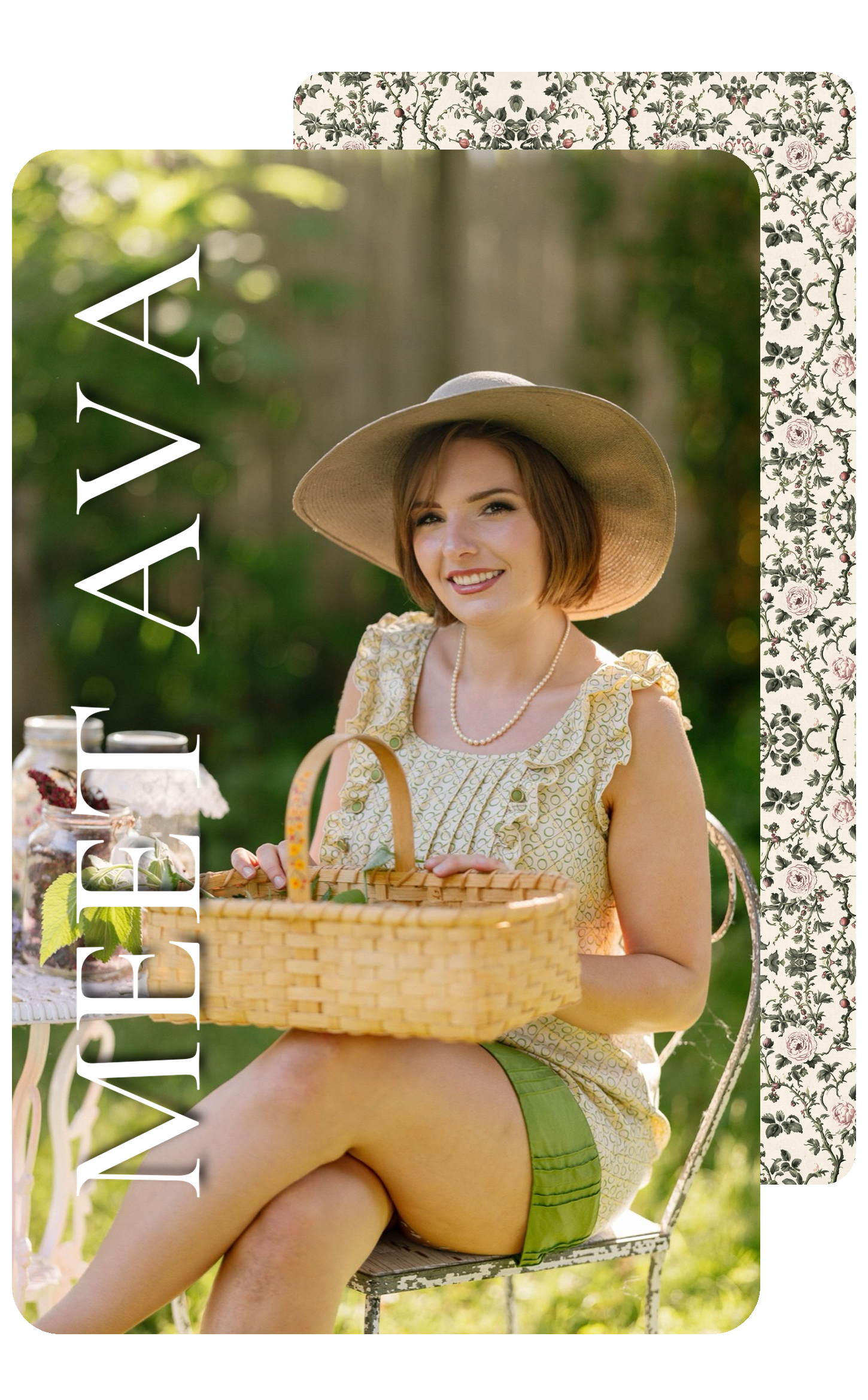 A young woman with short brown hair, wearing a wide-brimmed hat, yellow patterned sleeveless top, green shorts, and a pearl necklace, sitting outdoors on a metal chair with crossed legs, smiling, holding a wicker basket, with a table of jars and plants in the background.