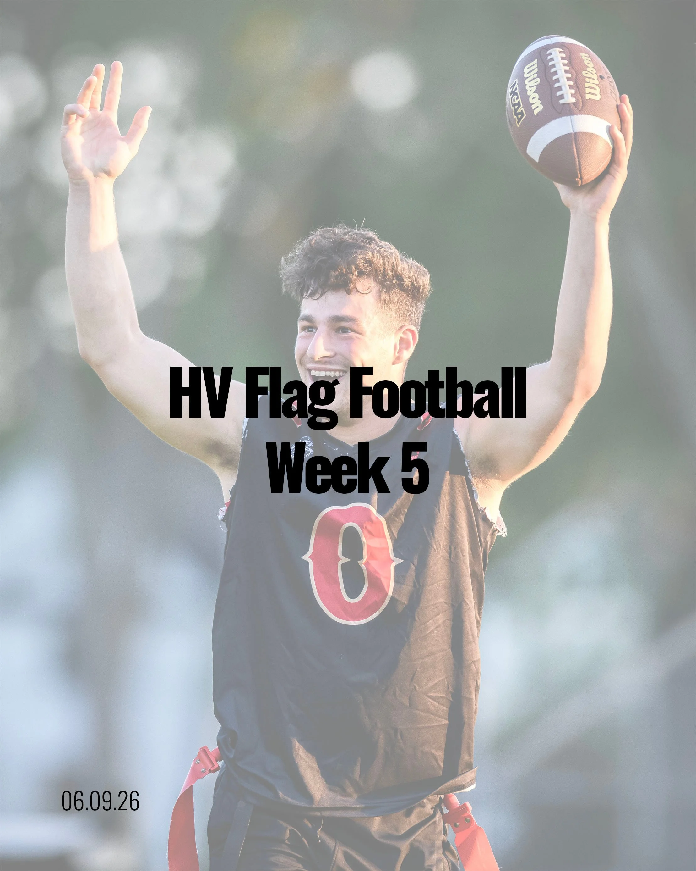 A young man with curly hair smiling and waving with one hand, holding a Wilson football in the other hand. He is wearing a dark sports jersey with the number 0 on it. The background is blurred, with a date of 06.09.26 visible at the bottom left corner. The text 'HV Flag Football Week 5' is overlaid on the bottom part of the image.