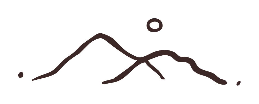 Outline drawing of a mountain range with a small circle representing the sun or moon above the peaks.