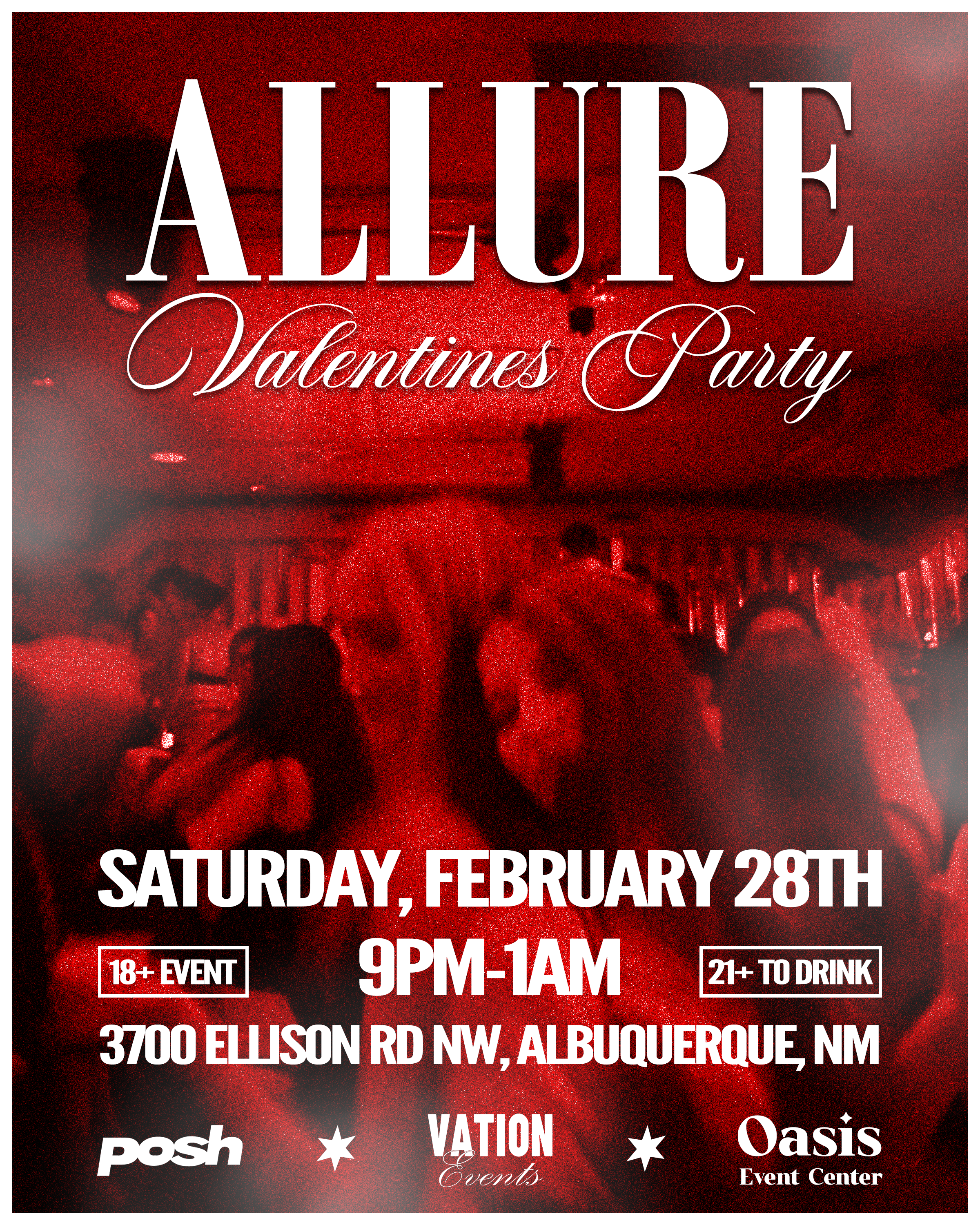 A red-themed flyer for an Allure Valentines Party with event details, date, time, location, and age restrictions, featuring a photo of a crowded party scene inside an event center.