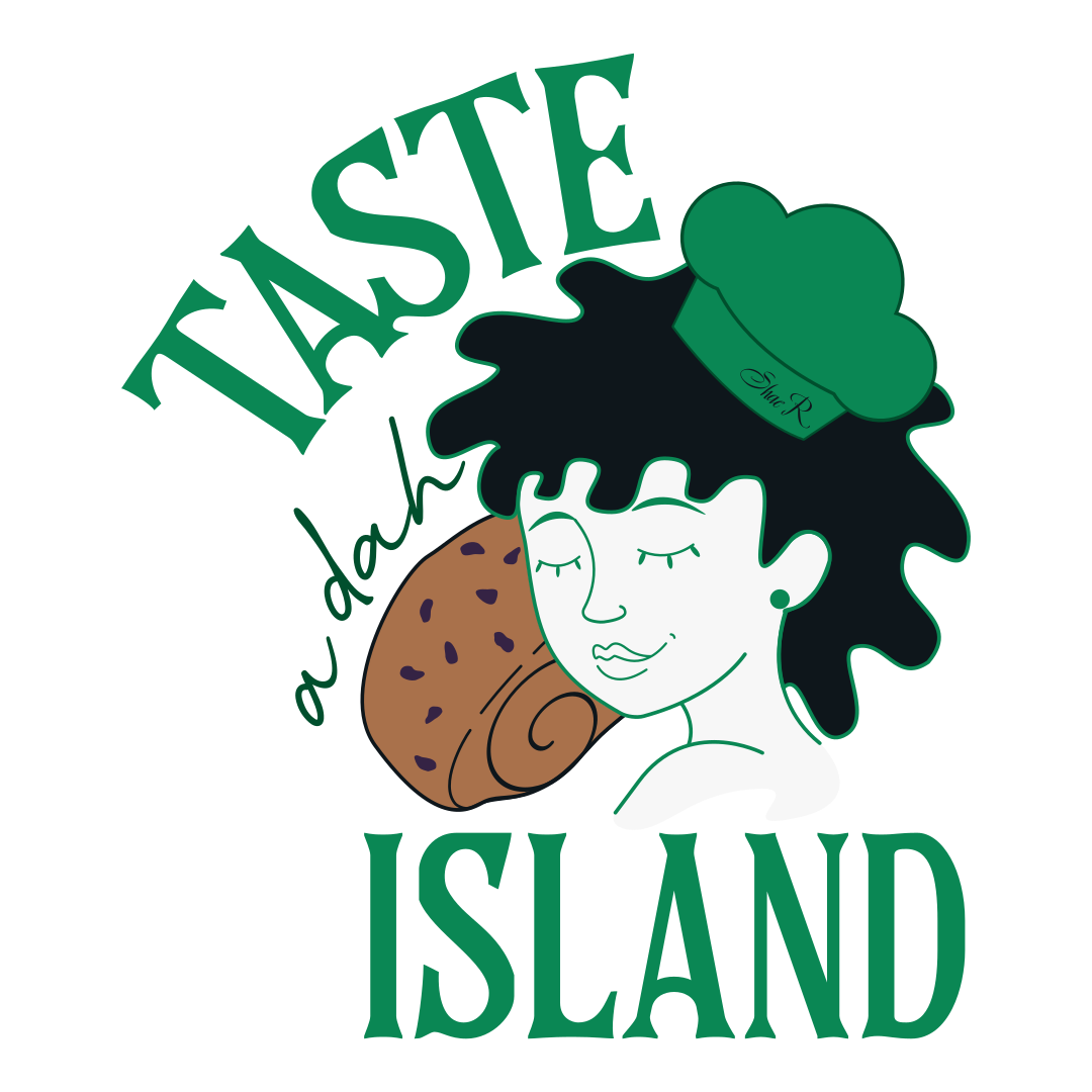 Logo for Taste of the Island featuring a woman with curly hair wearing a chef's hat, a cinnamon roll, and text saying "Taste of the Island" and "a day" in green.