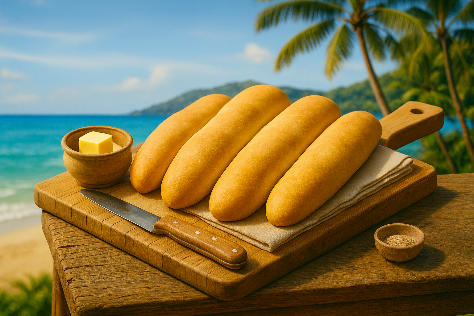 Four baguettes on a wooden cutting board, with a butter cube in a small wooden bowl, a small dish of pepper, and a knife. The scene is tropical with palm trees, a sandy beach, and the ocean in the background.