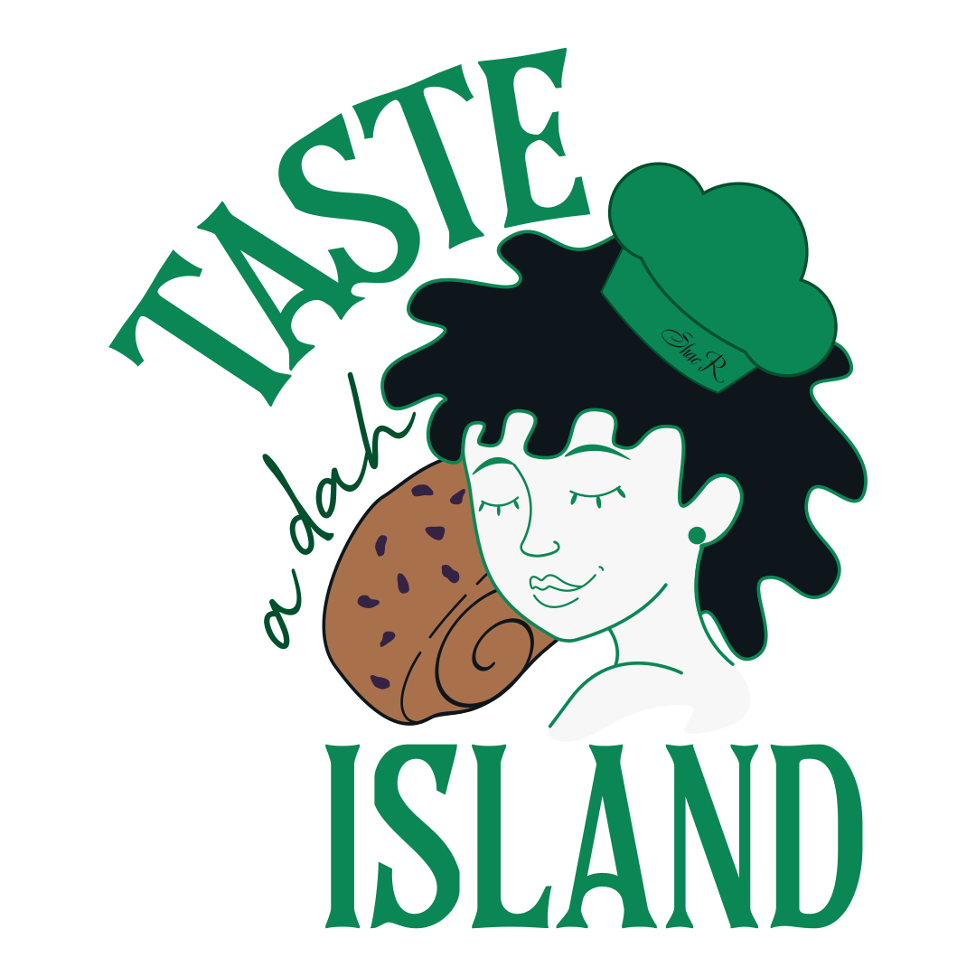 Logo for Taste of Black Island featuring a woman's face with closed eyes, a chef's hat, a chocolate chip cookie, and the text 'Taste of Black Island'.