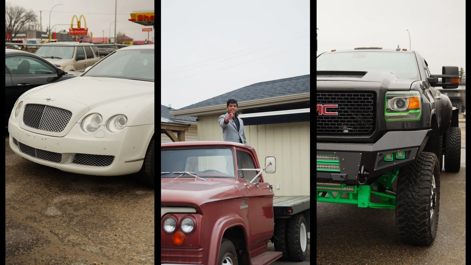 A collage of three vehicles: a white luxury car on the left, a vintage red pickup truck with a man pointing on the middle, and a black modified GMC truck on the right.
