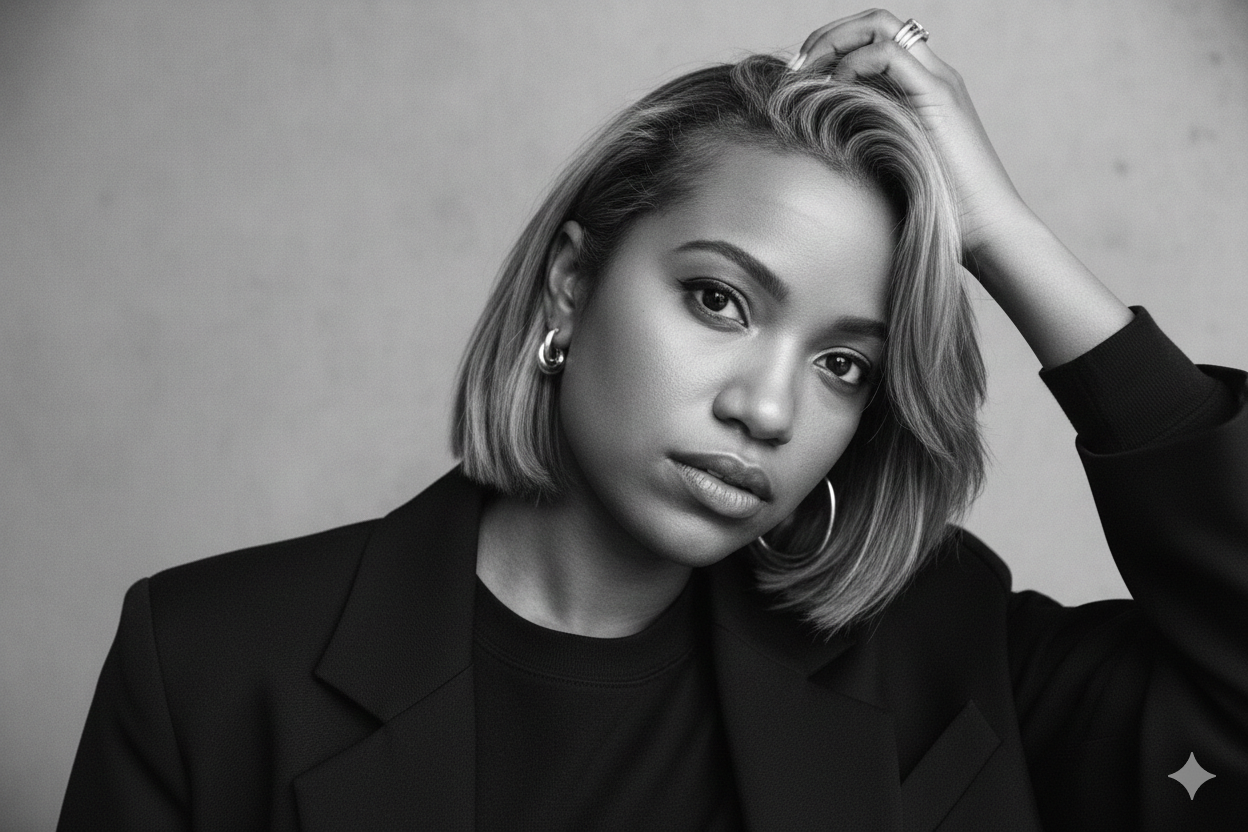 Black and white portrait of a young woman with short, wavy hair, wearing hoop earrings and a blazer, looking directly at the camera with her hand resting on her head.