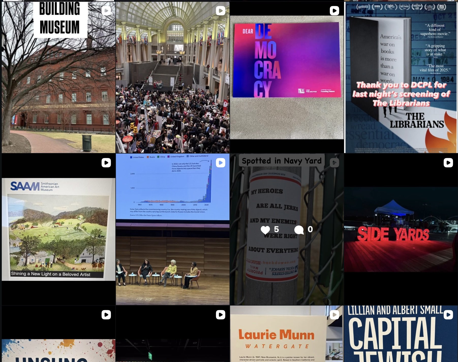 Collage of images related to the arts, culture, and events. Top row: building museum exterior and an art gallery interior with a crowd. Third row, left: Smithsonian American Art Museum poster. Bottom row: text and data charts, including a graph of space launches and a panel discussion, along with signs for an art exhibit, a protest, and an event with a neon 'Side Yards' sign.