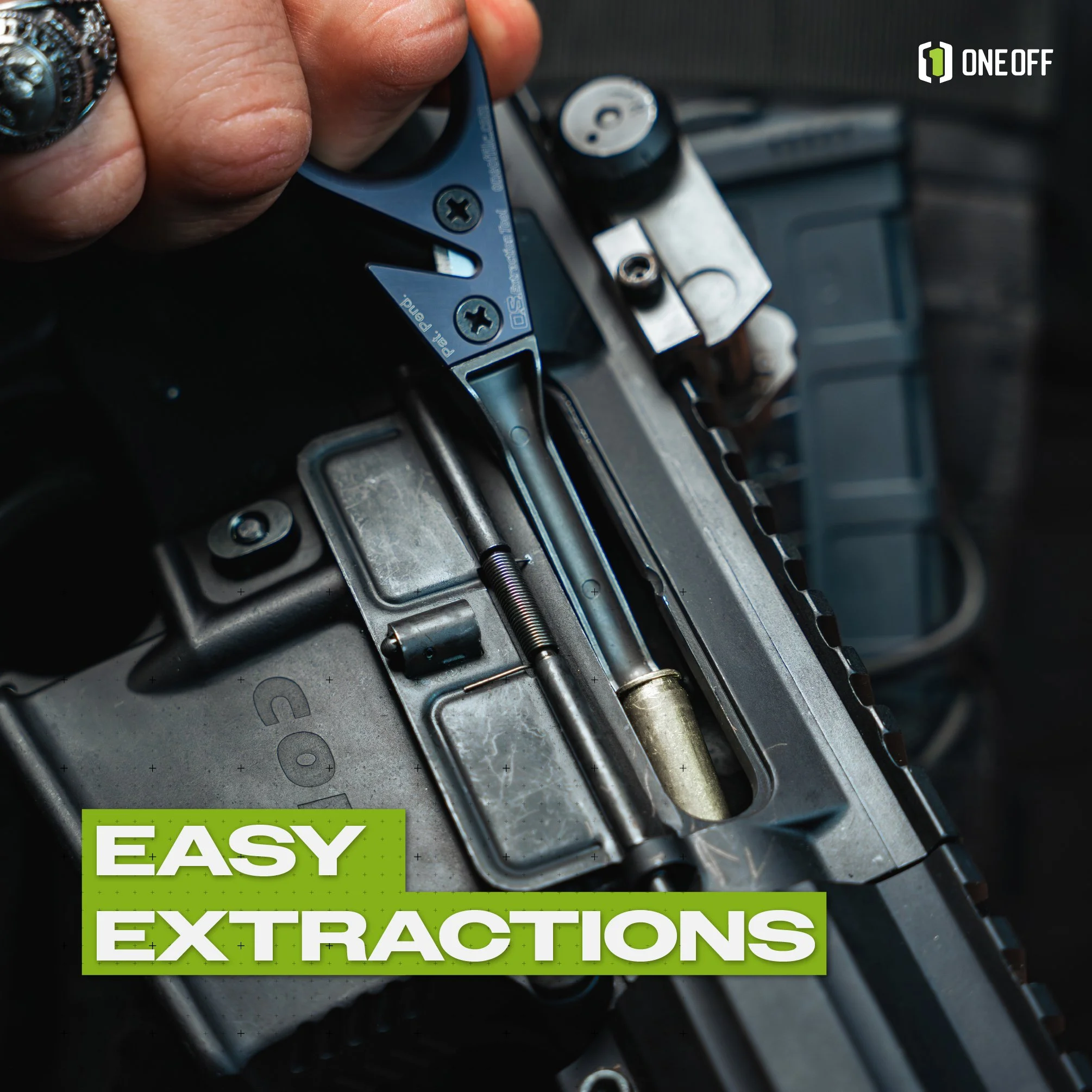 Close-up of a hand using a tool to extract a bolt from a machinery part with the text "EASY EXTRACTIONS" in green and white at the bottom left corner.