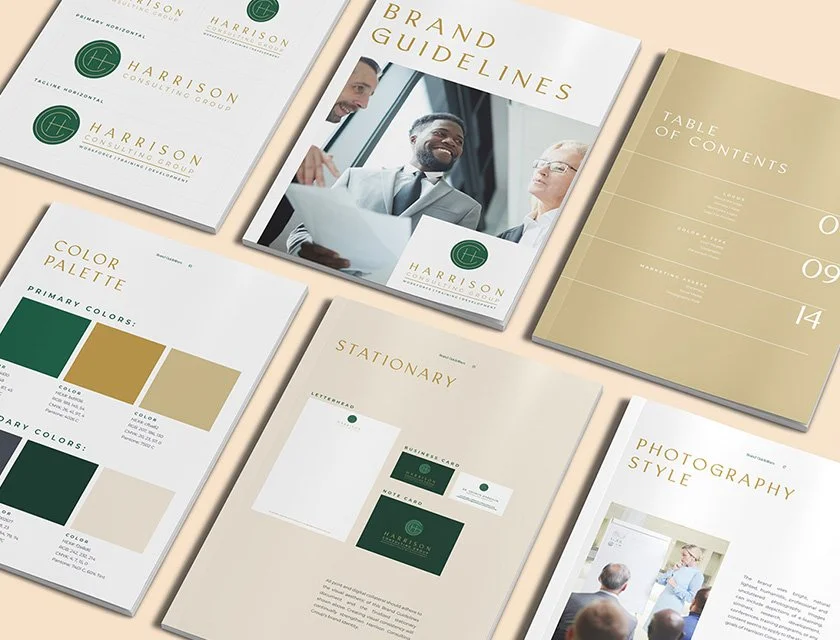 Brandon Guidelines and branding materials for Harrison Consulting Group, including logo, table of contents, color palette, stationery, and photography style samples.