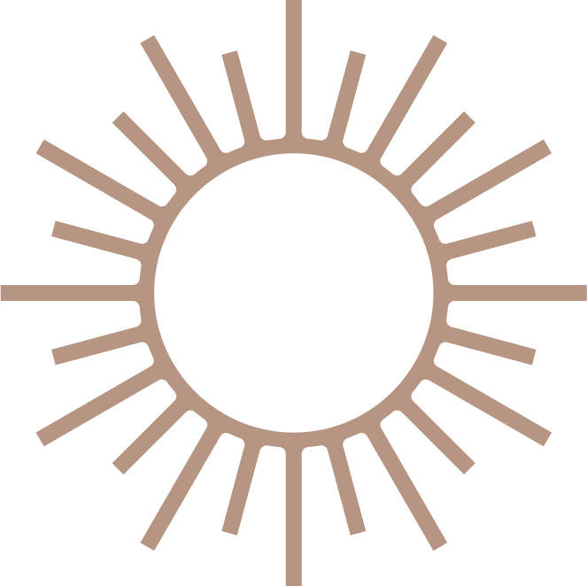 Minimalist sunburst design with brown rays radiating from a central circle against a black background.