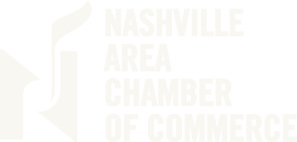 Black and white sign featuring large text that says 'Nashville Area Chamber of Commerce' with a stylized 'N' logo on the left.