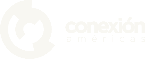 Logo of Conexión Américas, featuring a stylized circular symbol and the company name in bold white text on a black background.