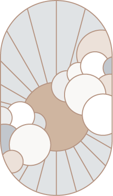 A geometric artwork featuring a circle in the center surrounded by multiple white and beige circular shapes and radiating lines.