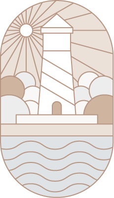 A lighthouse on a shoreline with the sun and clouds in the sky, and water in the foreground.