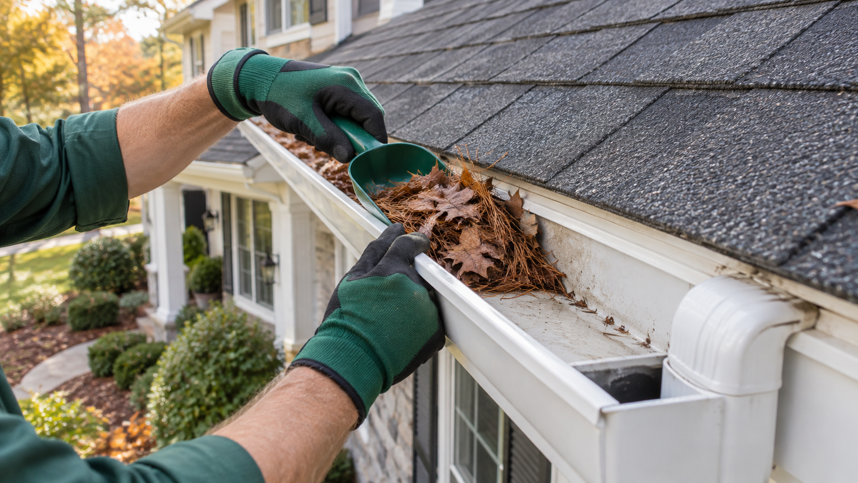 Professional gutter cleaning to maintain proper roof runoff and downspout drainage at a residential home.