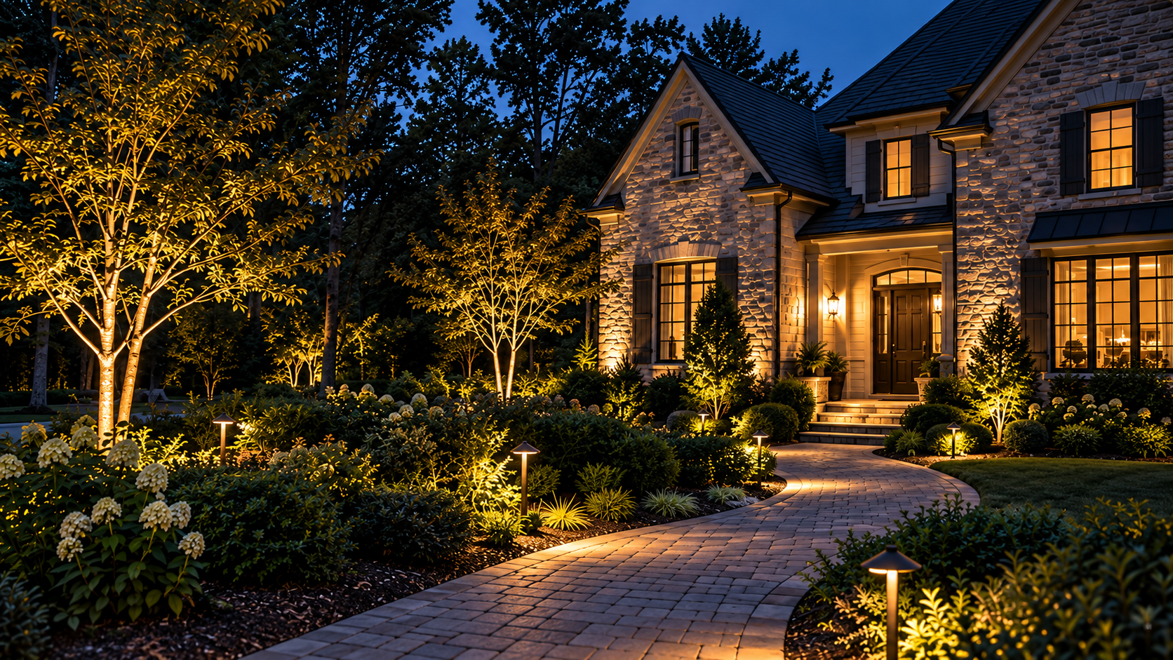Professionally illuminated residential entry, pathway, trees, and landscaping at dusk.