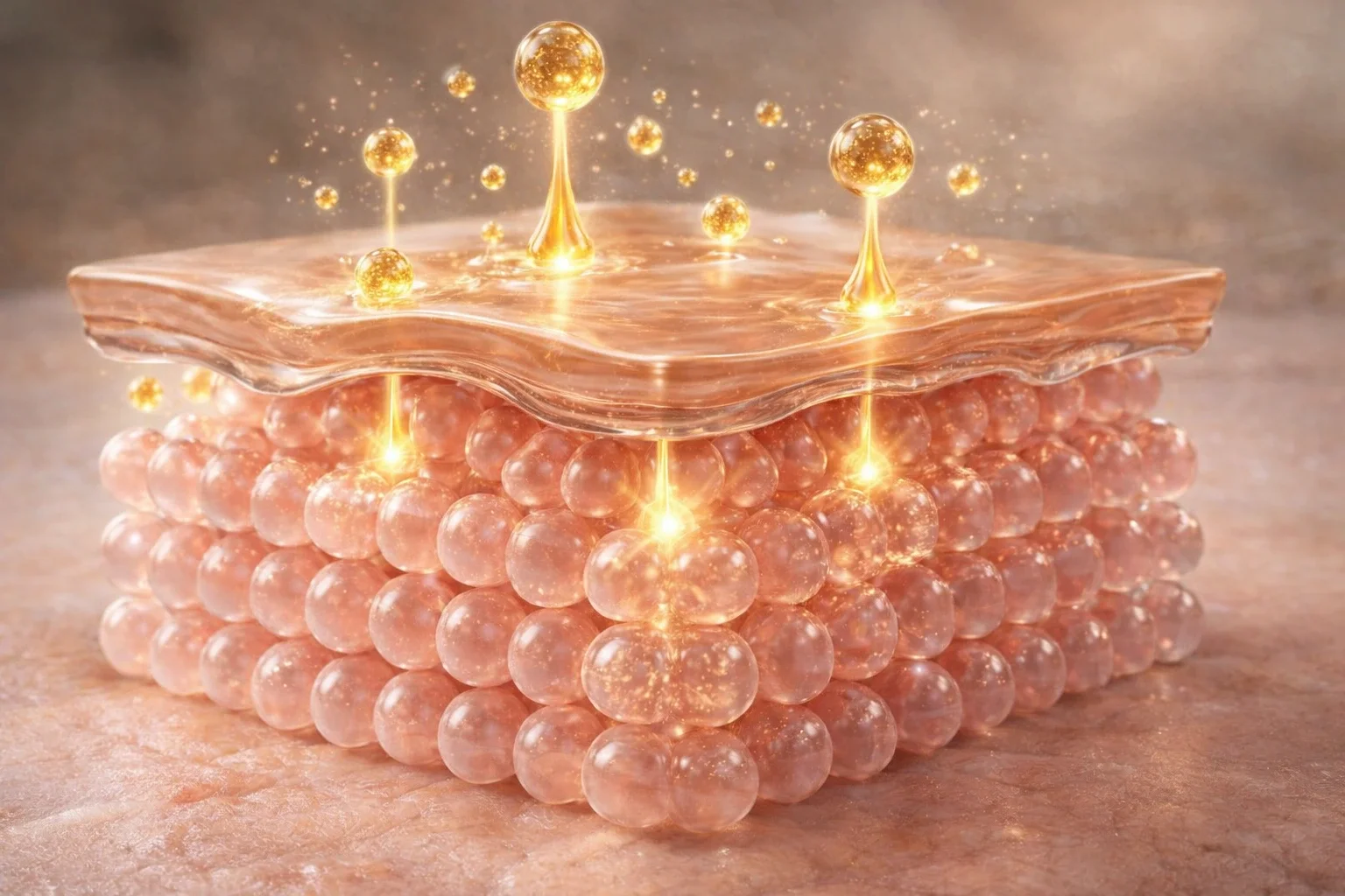 Active oil droplets penetrating the skin’s surface in a realistic skincare illustration.