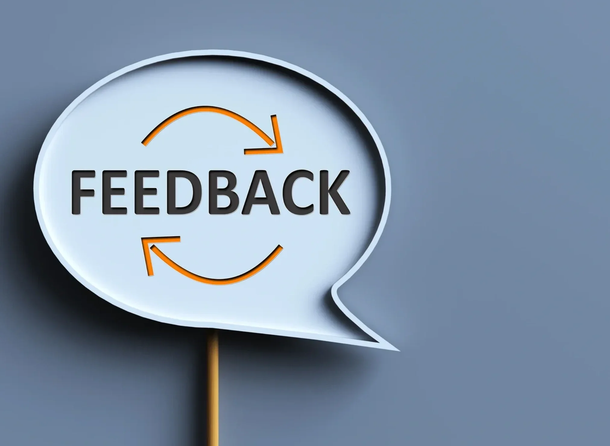 A speech bubble-shaped sign with the word 'FEEDBACK' in bold black letters, surrounded by orange circular arrows, on a gray background.