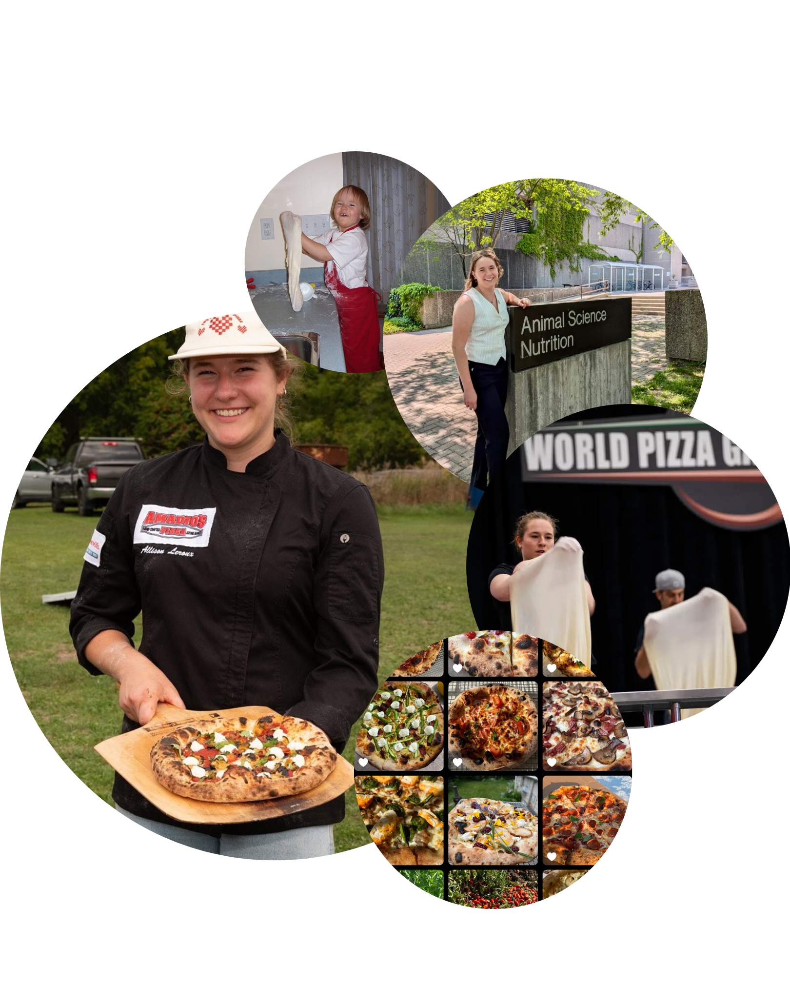 Collage of four photos: a girl making dough, a woman at an animal science building, a woman in a chef uniform holding a pizza outside, and a woman tossing pizza dough on stage, along with a grid of various pizzas.
