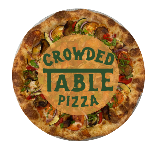Pizza with various toppings and a logo in the center that says 'Crowded Table Pizza'.