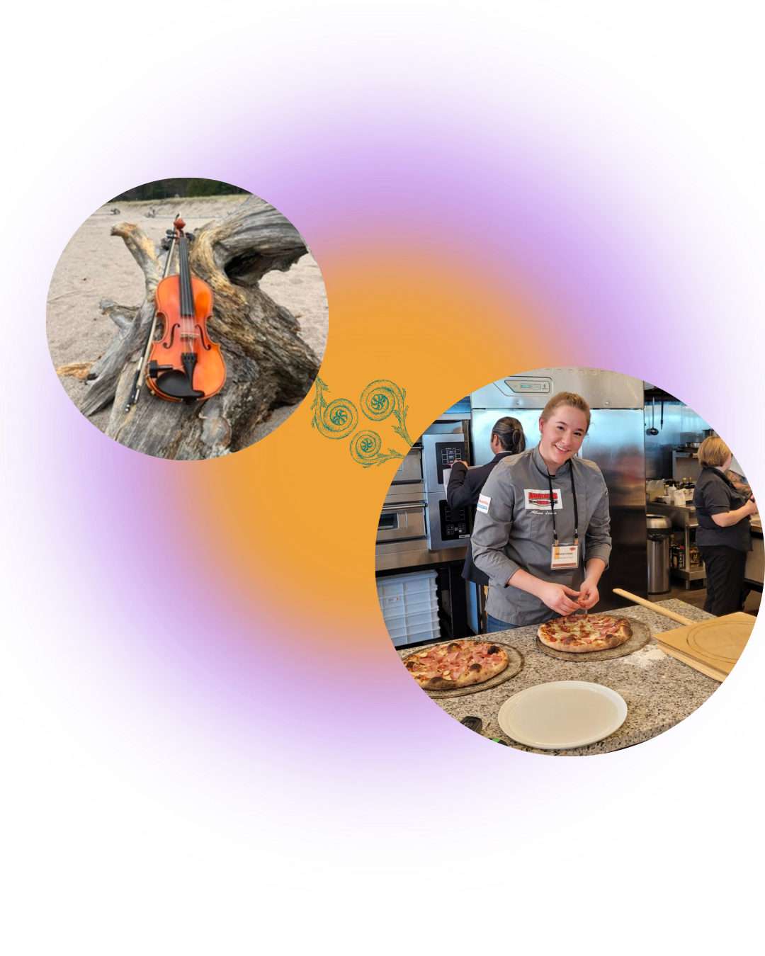 A violin resting on a driftwood piece on a beach, and a woman smiling in a chef's uniform with pizzas in a kitchen.