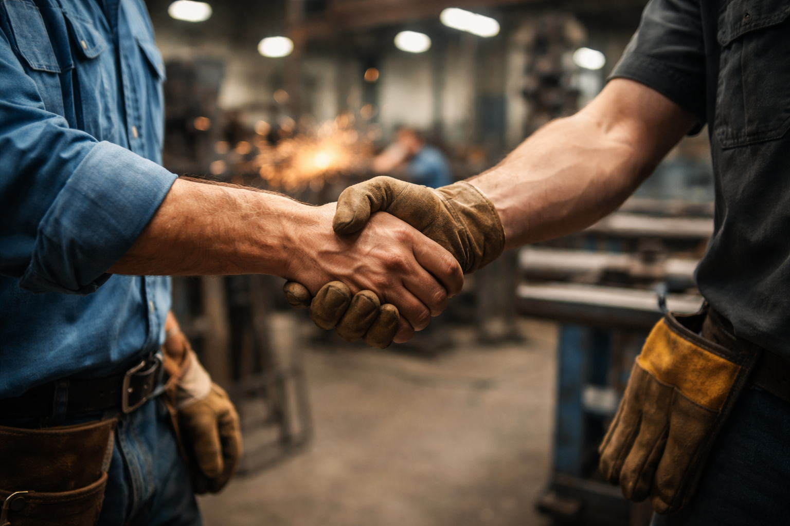 Two workers shaking hands in a factory with sparks flying in the background.