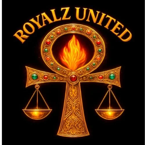 Gold ankh symbol with a flaming fire inside the circle and a balance scale hanging from each side, with the text 'Royalz United' above.