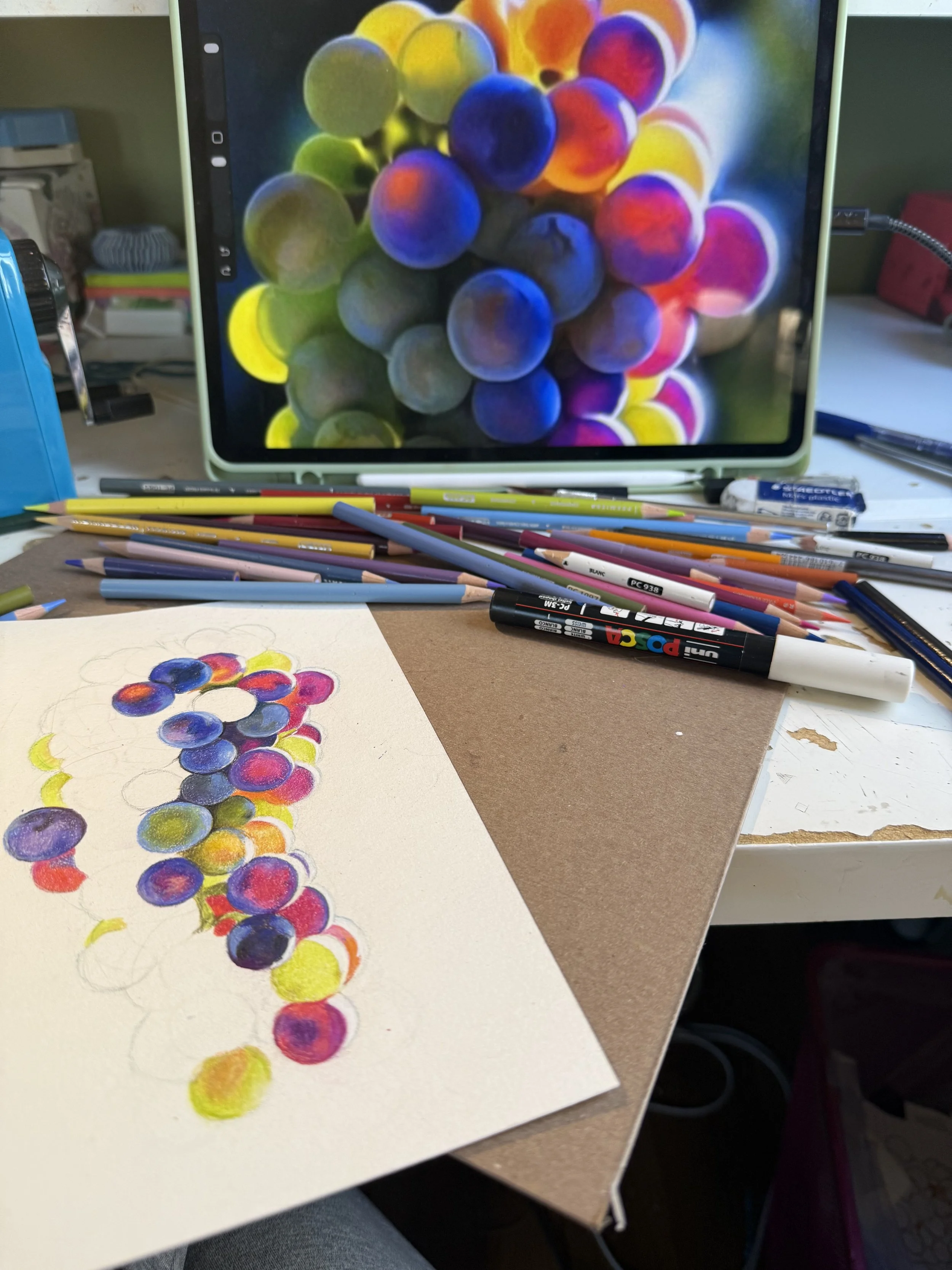 Iridescent Grapes Process / Colored Pencil and Watercolor