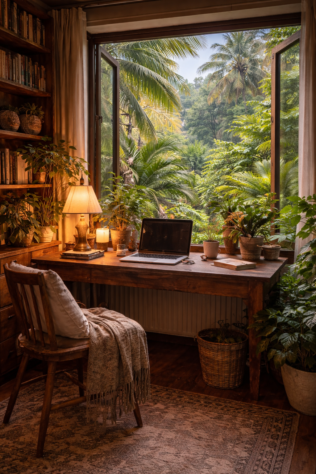 A cozy home office with a large open window revealing lush green tropical plants and trees outside. The room features a wooden desk with a laptop, books, potted plants, and a warm table lamp. There is a chair with a pillow and a throw blanket, a bookshelf with more plants and books, and a patterned rug on the wooden floor.