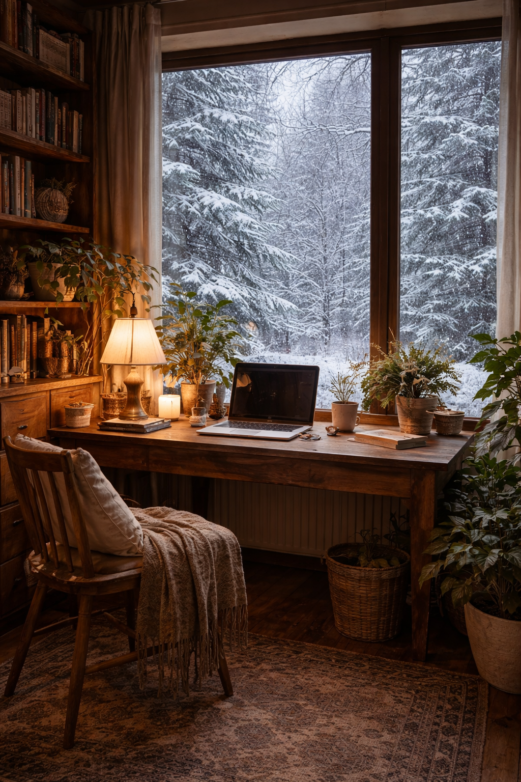 A cozy home office with a wooden desk and chair beside a large window showing a snowy forest outside. The desk has a laptop, table lamp, books, and potted plants, creating a warm contrast to the winter scene outside.