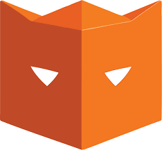 Stylized orange fox face logo with white eyes