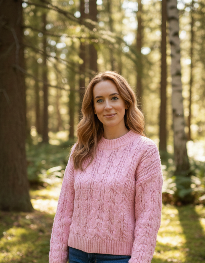 Woman with light brown hair and blue eyes wearing a pink sweater outdoors in a forest with sunlight filtering through trees.