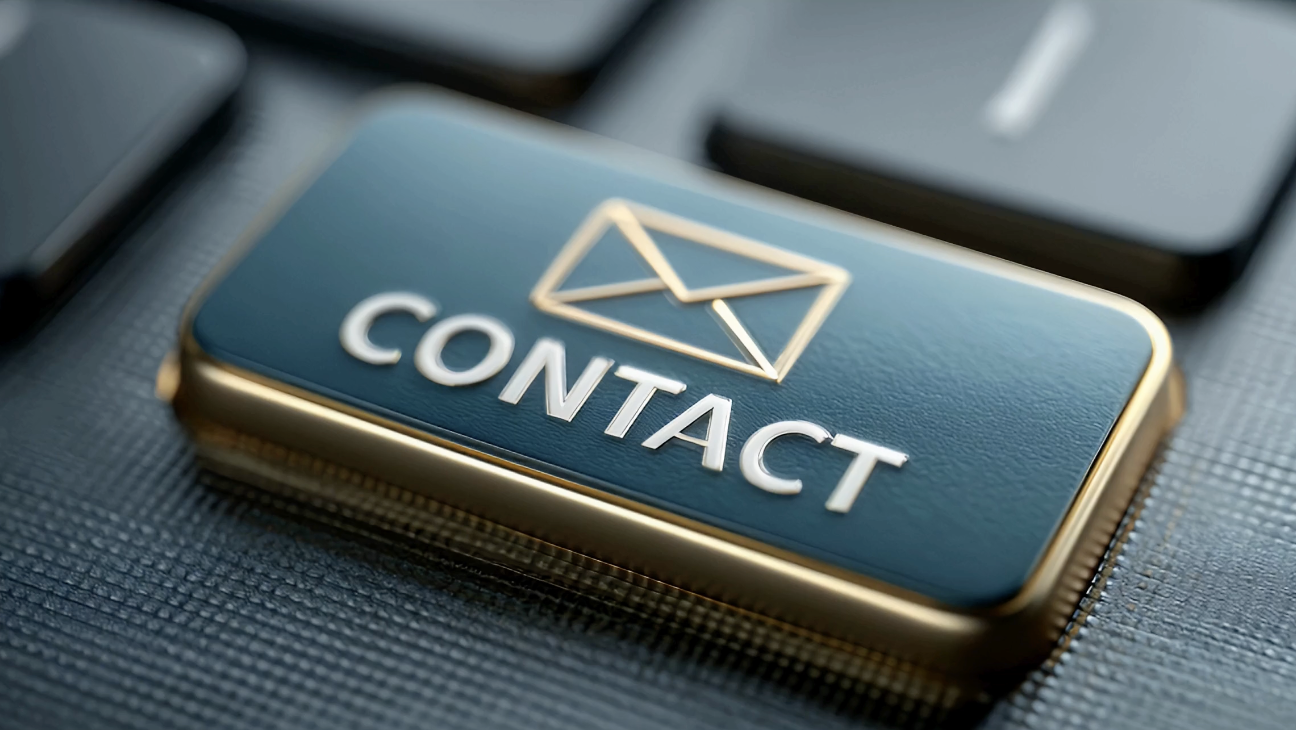 A close-up of a blue contact button with gold trim, featuring an email icon and the word 'CONTACT' on a textured surface.