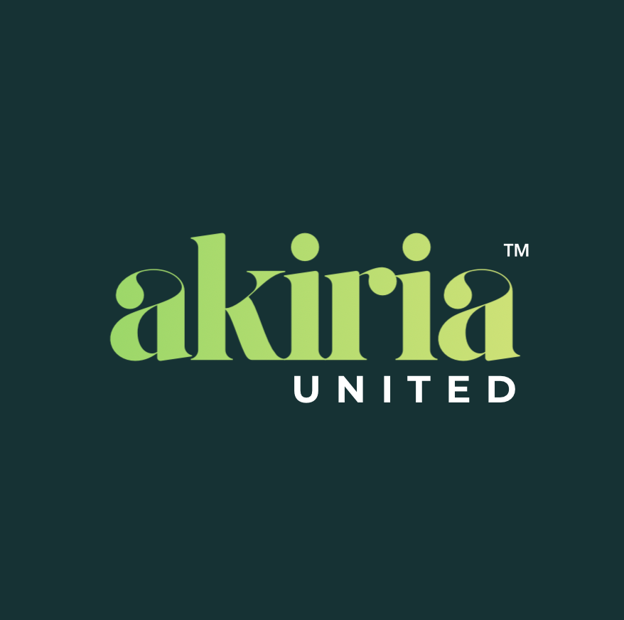 Logo of akiria United with green text on a dark background.