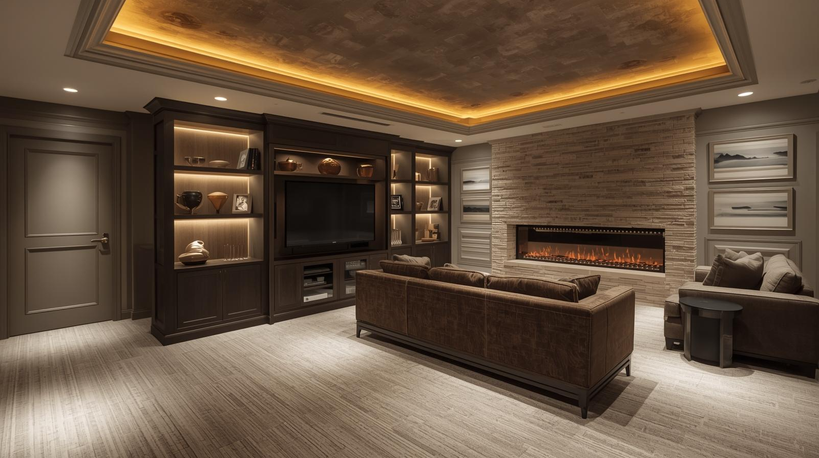 Living room with a fireplace, a large television, built-in shelves with decorative items, a brown sofa, and framed artwork on the walls.